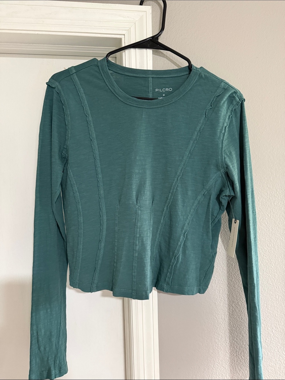 Pilcro Teal Long-Sleeve Seamed Crewneck Top